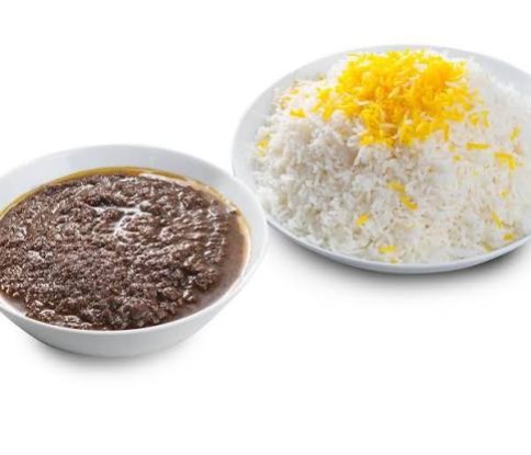 چلو خورشت فسنجان با مرغ با دوغ
